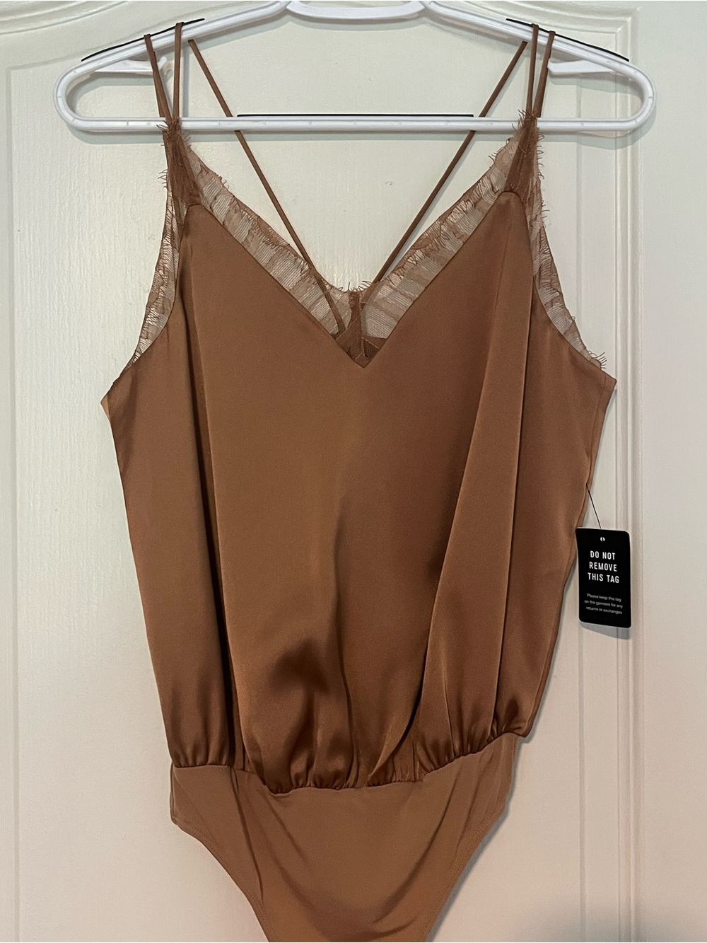 Express Brown Lace-Trim Satin V-Neck Bodysuit, XS
